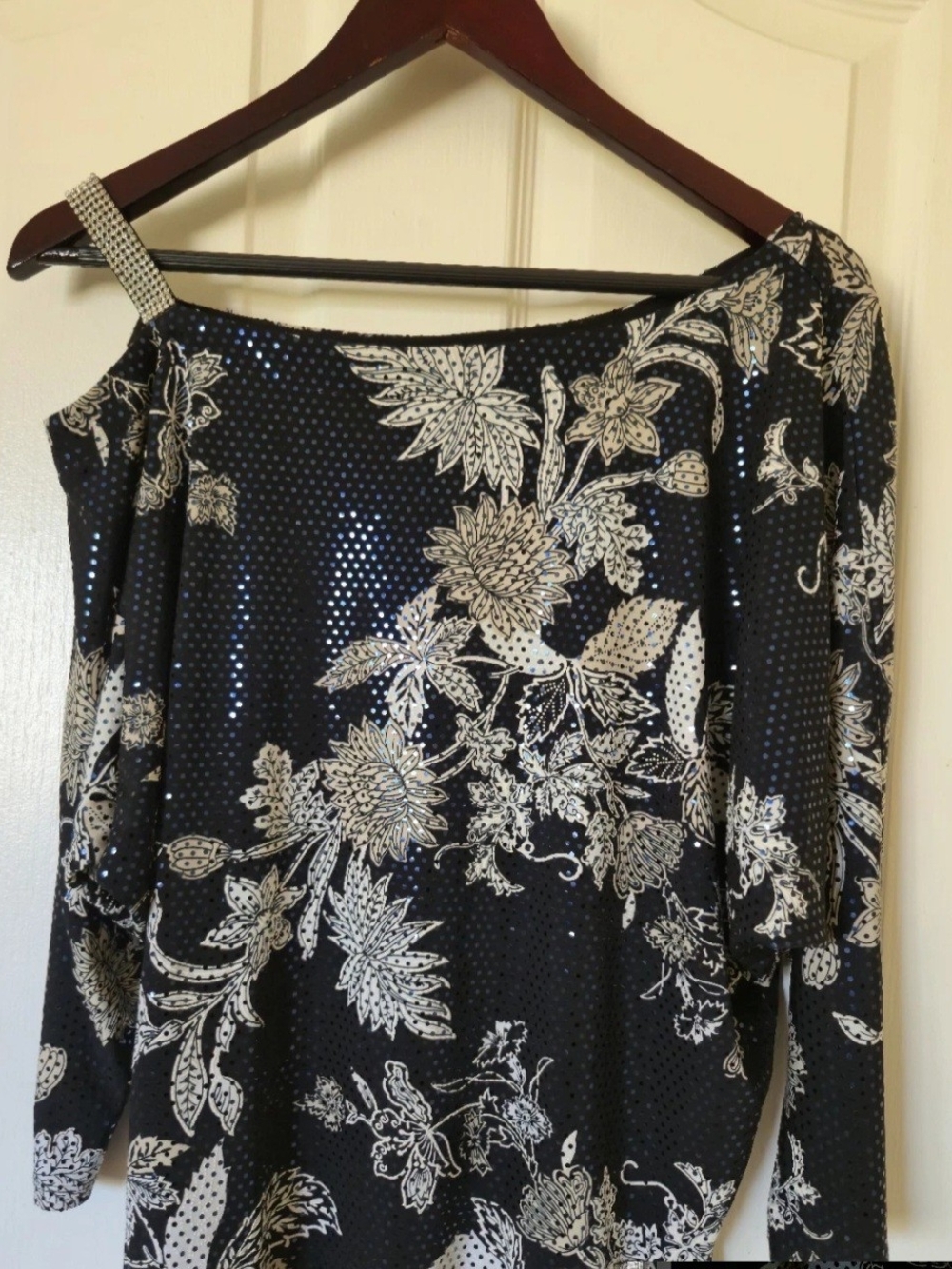 MSK Off-The-Shoulder Sequin Top Small Navy Cream Floral Rhinestone Strap